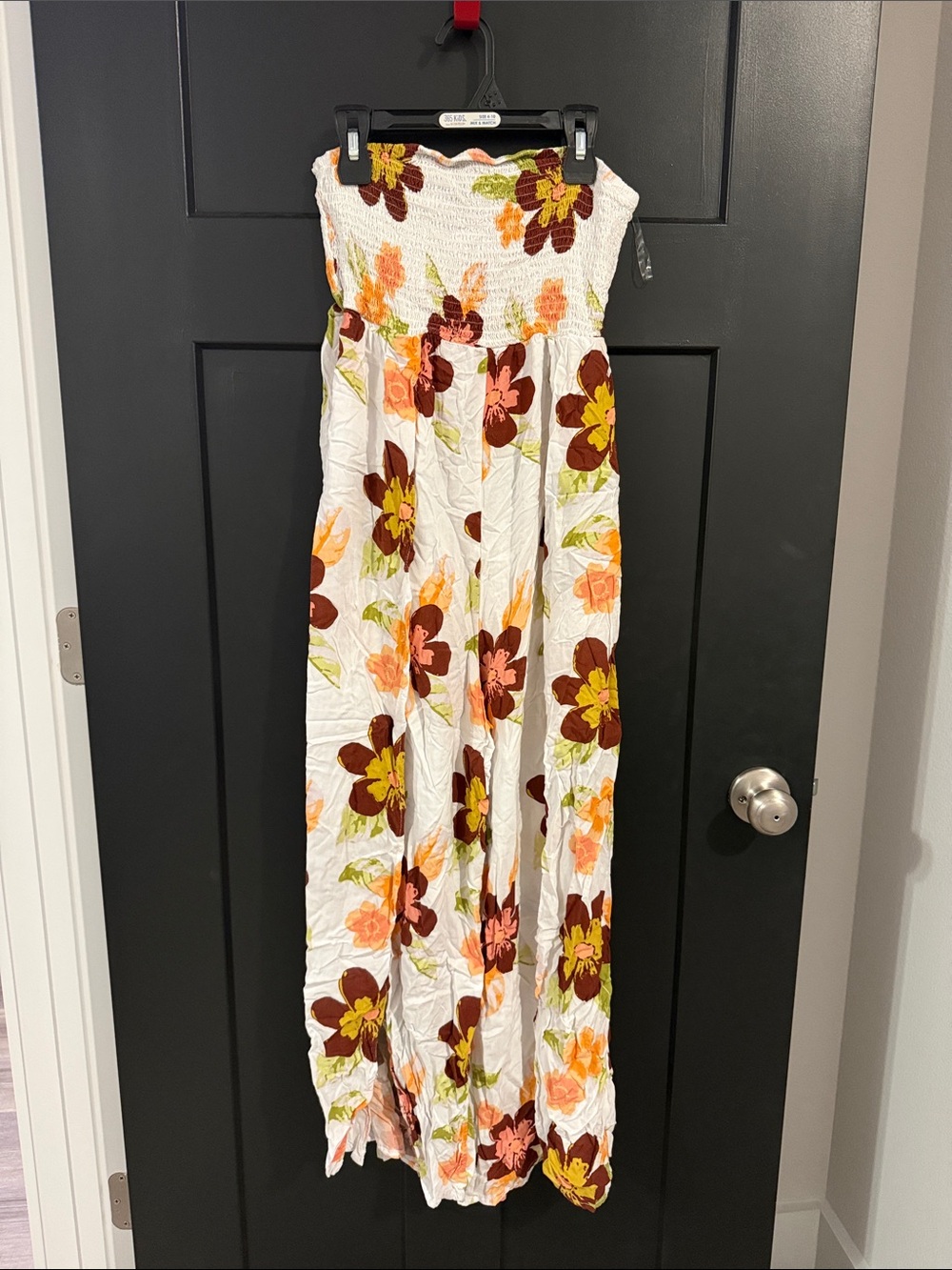 Strapless Floral jumper with leg slits in White with Brown & Orange Blooms